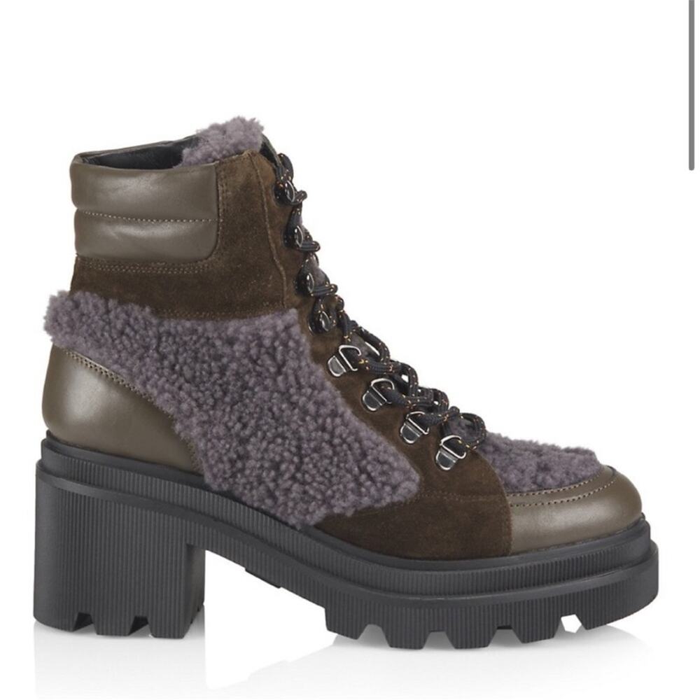 Voile Blanche Loden Faux Shearling Trim Lug Sole Leather Boots Khaki size 38